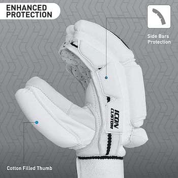 GM Icon Custom Professional Cricket Batting Gloves for Men | Maximum Protection | Utmost Comfort | Right handed | Free Cover | Colour: White/Black