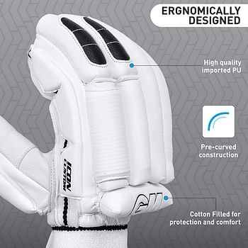 GM Icon Custom Professional Cricket Batting Gloves for Men | Maximum Protection | Utmost Comfort | Right handed | Free Cover | Colour: White/Black