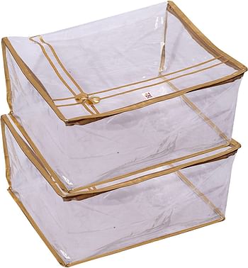 Fun Homes Bow Design 7"inch Transparent Saree Cover/Clothes Organiser For Wardrobe With Golden Border (Set of 2,Gold)-HS_38_FUNH21548