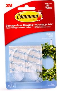 Command 7091Clr-Es Hooks With Strips, Medium, Holds 900 Gr. Each Hook, Clear Color, Decorate Damage-Free. 2 Hooks And 4 Strips/Pack