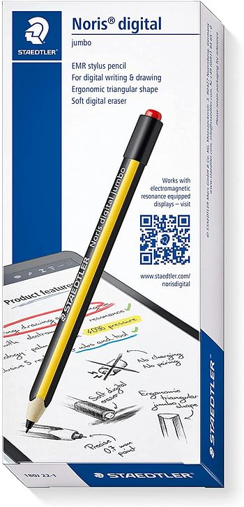 STAEDTLER Noris digital jumbo 180J 22. EMR Stylus with soft digital eraser. For digital writing, drawing and erasing on EMR equipped displays, yellow-black (check the compatibility list)