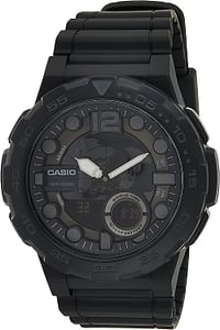 ساعة يد كوارتز من كاسيو للرجال، مع شاشة رقمية وعقارب وسوار من الراتنيج لون أسود Aeq-100W-1Av/أسود