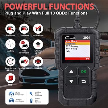 جهاز كشف أعطال السيارات لونش X431 موديل كريدر 3001 بنظام OBD2 لفحص الأعطال المسببة لإنارة لمبة فحص المحرك و حساس الأكسجين أسود / 1.75 بوصة