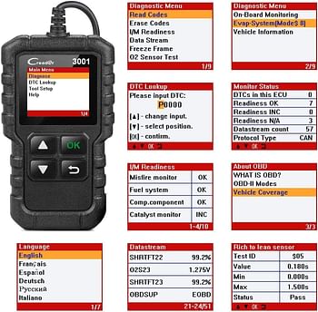 جهاز كشف أعطال السيارات لونش X431 موديل كريدر 3001 بنظام OBD2 لفحص الأعطال المسببة لإنارة لمبة فحص المحرك و حساس الأكسجين أسود / 1.75 بوصة