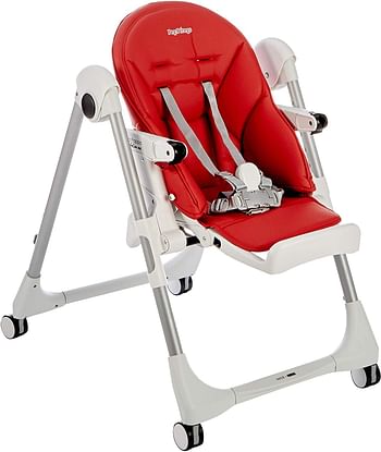 Peg Perego PRIMA PAPPA FOLLOW ME FRAGOLA Compact Folding Highchair for Babies/Toddlers with Comfort Reclining|5 Point Harness|Wheels for easy Movement,Suitable from 0-36 Months-Red