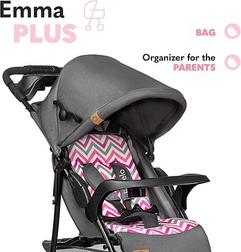 Lionelo Emma Plus Pink Color Stroller with Backrest And Footrest Adjustment, Spacious Shopping Basket with Detatchable Tray