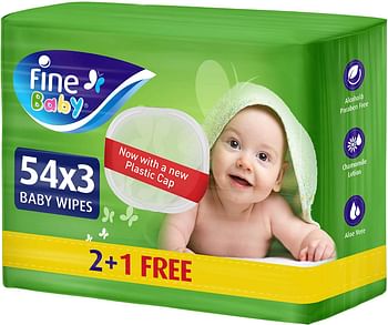 Fine Baby Wet Wipes 162 Sheets X 1 Ply, Pack Of 2 + 1 Free = 3 Fine Baby® Wipes With Aleo Vera & Chamomile Lotion Multicolor