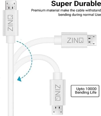 Zinq Technologies Super Durable Micro to USB 2.0 Round Cable with High Speed Charging, Quick Data Sync and PVC Connectors for All USB Powered Devices (White)