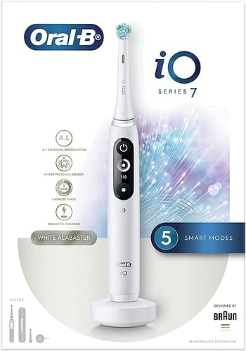 Oral B Io7 Electric Rechargeable Toothbrush Handle With Revolutionary Magnetic Technology, Black & White Display, 5 Modes, 1 Premium Travel Case White