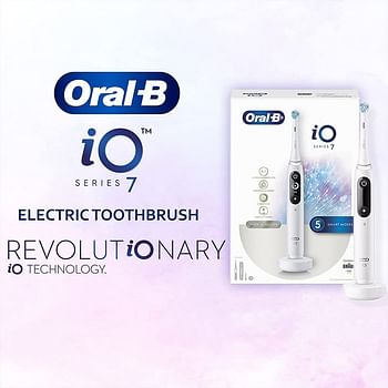 فرشاة الأسنان الكهربائية القابلة لإعادة الشحن iO7 من أورال-بي  بمقبض أبيض مع تقنية مغناطيسية ثورية، شاشة سوداء وبيضاء، 5 أوضاع، حقيبة سفر ممتازة