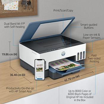 HP Smart Tank 725 All-in-One Printer لاسلكية طباعة مسح، نسخة طباعة تلقائية على الوجهين  طباعة حتى 18000 أسود أو 8000 صفحة لونية، أبيض/أزرق [28B51A]