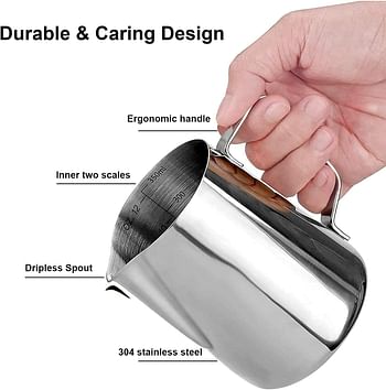 SKY-TOUCH Stainless Steel 350ml Milk Frothing Pitcher Measurements on Both Sides Inside Plus eBook & Microfiber Cloth Perfect for Espresso Machines Milk Frother Latte Art, Silver