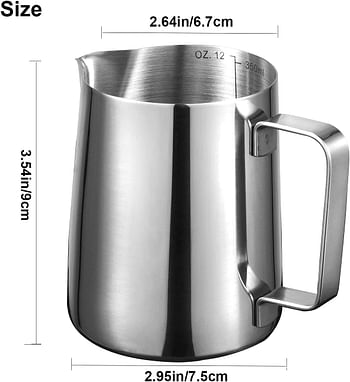 SKY-TOUCH Stainless Steel 350ml Milk Frothing Pitcher Measurements on Both Sides Inside Plus eBook & Microfiber Cloth Perfect for Espresso Machines Milk Frother Latte Art, Silver