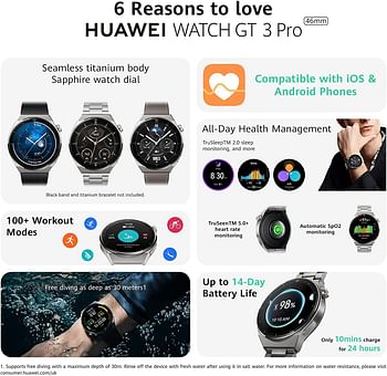 Huawei Watch GT 3 Pro Smartwatch, 46mm, Light Titanium Case, Gray Leather Strap