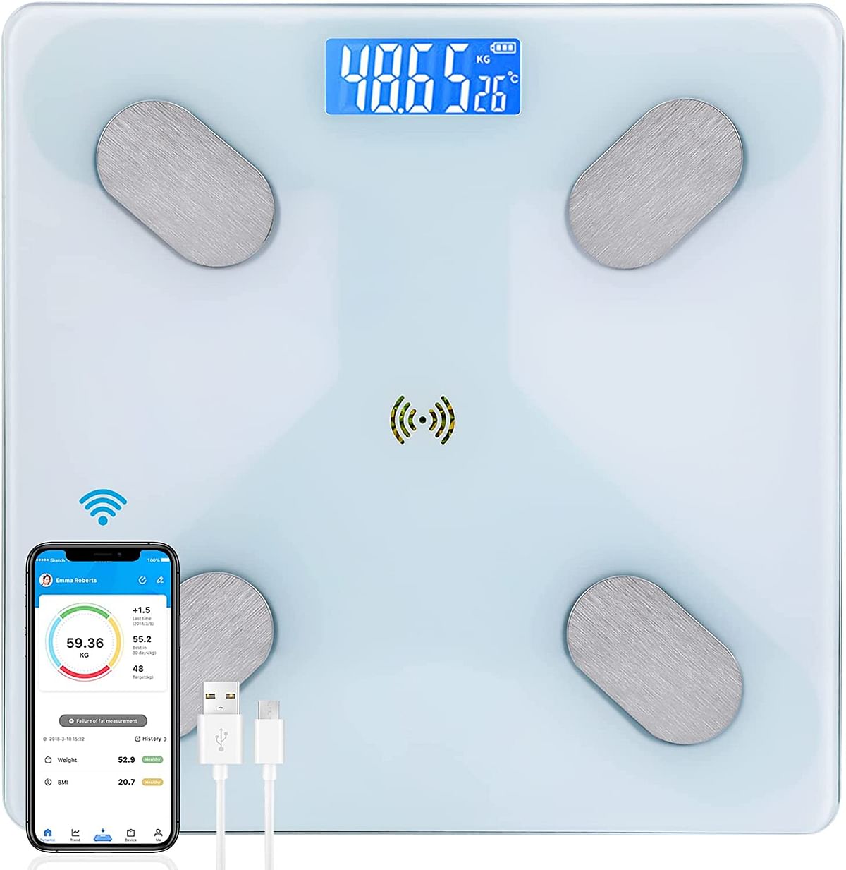 Sky-Touch Multifunctional Smart Body Fat Scale, Smart Electronic Led Digital Weight Bathroom Scale With Smartphone App, Support 17 Languages And Indoor Temperature Measurement, 260*260*23Mm Whtie