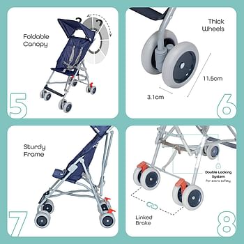 Moon Jet Light Weight Travel Buggy/Stroller For Baby/Kids/Toddler With Extra Wide Canopy |Umbrella Fold |Easy Assemble Shoulder Strap From 6 Months To 3 Years- Dark Blue