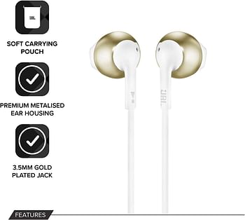 JBL Tune 205 by Harman Pure Bass Metal Earbud Headphones with Mic (Gold) /One Size