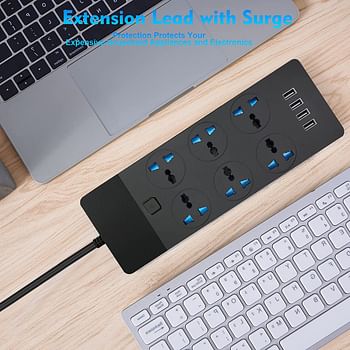 SKY-TOUCH Power Strips Extension Cord 6 Outlets, Universal Plug Adapter with 4 USB Ports Surge Protector, Charging Socket with 2M Bold Extension Cord (Black)