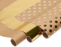 American Greetings Wrapping Paper For Weddings, Birthdays, Graduation And All Occasions, Kraft And Gold Polka Dots (3 Rolls, 75 Sq. Ft)