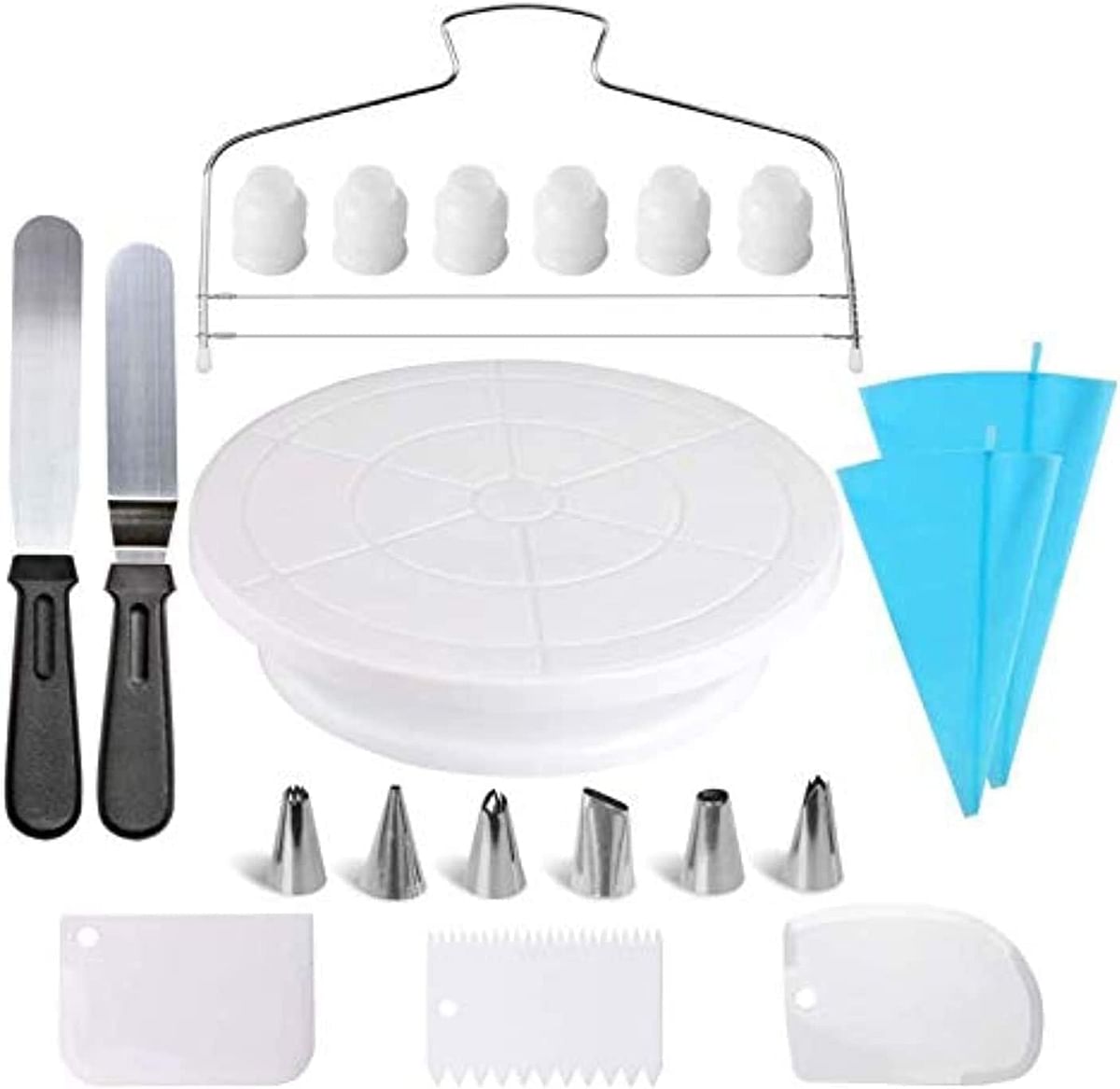 Dorsa Cake Decorating Supplies,21Pcs Cake Decorating Set With Cake Rotating Turntable, Icing Spatulas,Cake Scrappers, Cake Cutter, Piping Nozzles,Pastry Bag,Piping Tip Couplers, B07Mx8D33K Multicolor