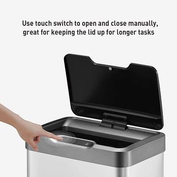 Eko Mirage-T 50 Liter / 13.2 Gallon Touchless Rectangular Motion Sensor Trash Can, Brushed Stainless Steel Finish Silver