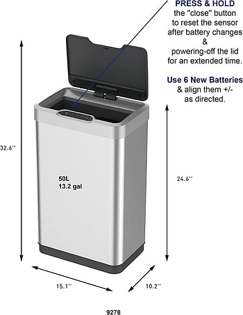 Eko Mirage-T 50 Liter / 13.2 Gallon Touchless Rectangular Motion Sensor Trash Can, Brushed Stainless Steel Finish Silver