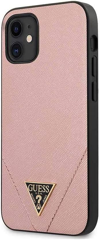 Guess PU Saffiano V Stitched w/Metal Logo Case Compatible with iPhone 12 Mini Protective Cover (5.4", Light Pink)