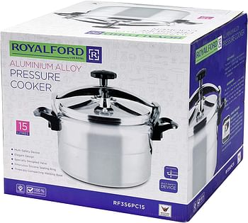 Royalford Aluminium Pressure Cooker – Lightweight & Durable Home Kitchen Pressure Cooker with Lid, Multi-Safety Device with Cool Touch Handles and Safety Valves – for Gas and Solid Hotplates 15L