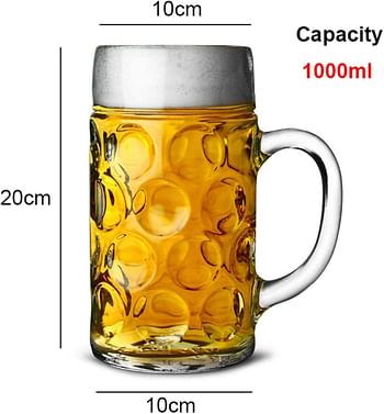 ARTC® German Beer Mug Stein 1000ml Beer Tankard, Glass Stein Isar Stein Handled Beer mug Classic Beer Tankard Jumbo Size Clear