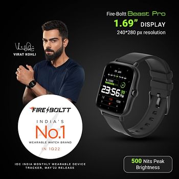 Fire-Boltt Beast Pro Bluetooth Calling 1.69” With Voice Assistance Local MUSic Voice Recorder Spo2 Monitoring Heart Rate Full Hd Touch Smartwatch With Tws Pairing - Black Gold Pro