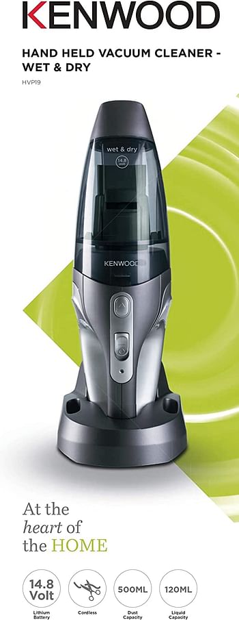 Kenwood Wet & Dry Cordless Handheld Vacuum Cleaner With 14.8V Lithium-Ion Battery, 500ml Dust Capacity, 120ml Liquid Capacity For Home, Office And Car Hvp19.000Si Black/Silver