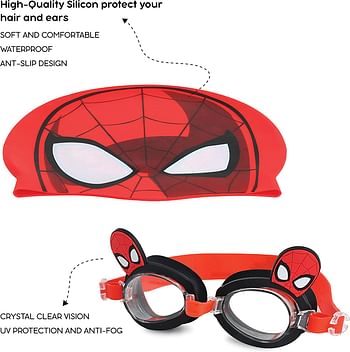 Marvel Spiderman Swimming Goggles With Swim Cap, No Leaking Anti Fog Uv Protection Swim Goggles Soft Silicone Nose Bridge For Kids Official Marvel Product, Multicolor, One Size