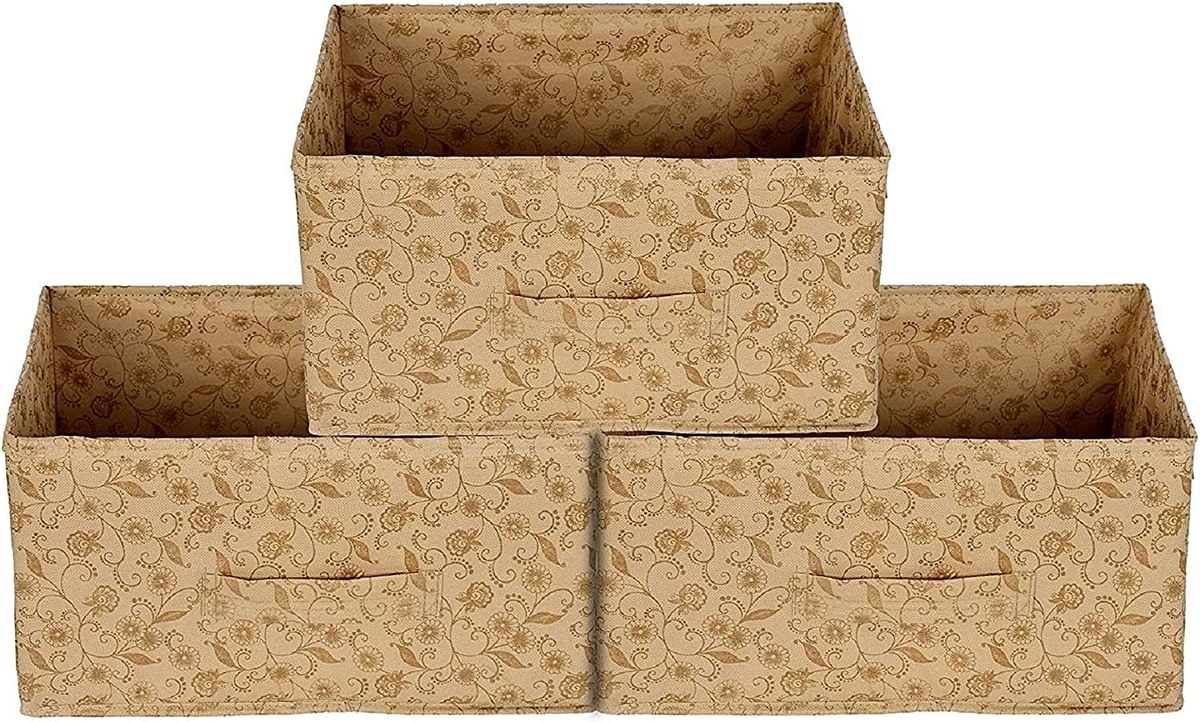 Kuber Industries Metalic Floral Print Non Woven Fabric 3-Drawer Storage And Cloth Organizer Unit for Closet (Beige)-KUBMART1174