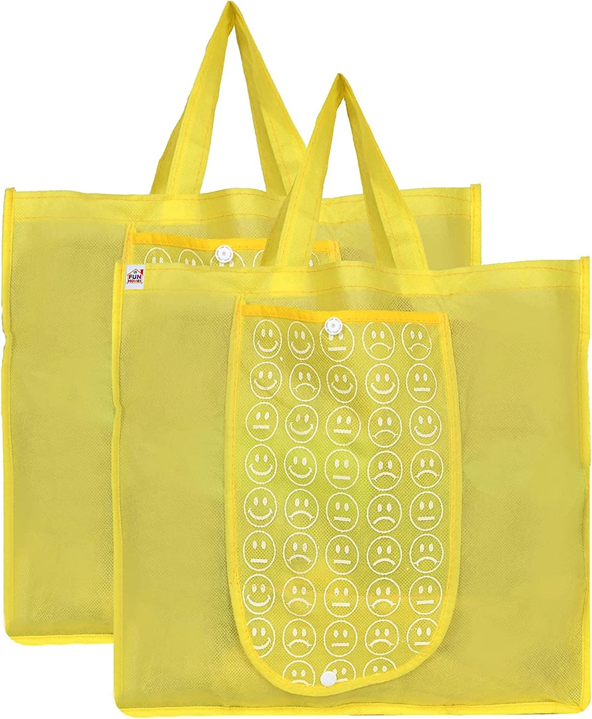 Fun Homes Shopping Grocery Bags Foldable, Washable Grocery Tote Bag With One Small Pocket, Eco-Friendly Purse Bag Fits In Pocket Waterproof & Lightweight (Set Of 2,Yellow)