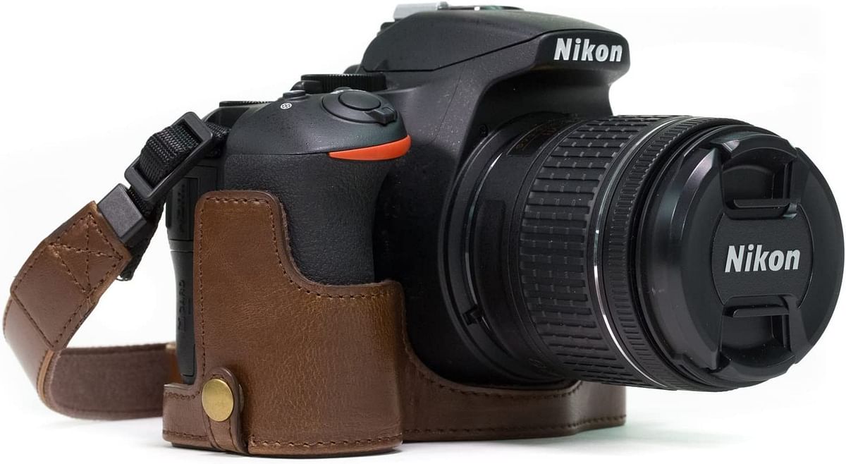 MegaGear Nikon D5600, D5500 Ever Ready Leather Camera Half Case and Strap, with Battery Access - Dark Brown - MG1171