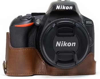 MegaGear Nikon D5600, D5500 Ever Ready Leather Camera Half Case and Strap, with Battery Access - Dark Brown - MG1171