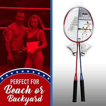 Franklin Sports 2 Player Badminton Replacement Set - 2 Badminton Racquets and 2 Shuttlecocks - Adults and Kids Backyard Game Red, White, Blue