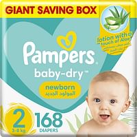 Pampers Baby-Dry Newborn Taped Diapers with Aloe Vera Lotion, up to 100% Leakage Protection, Size 2, 3-8kg,168 Count, Multicolor