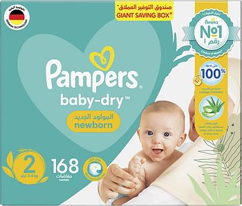 حفاضات بامبرز للأطفال حديثي الولادة مع لوشن الصبار ، حماية تصل إلى 100 ٪ من التسرب ، مقاس 2 ، 3-8 كجم ، عدد 168، متعدد الألوان