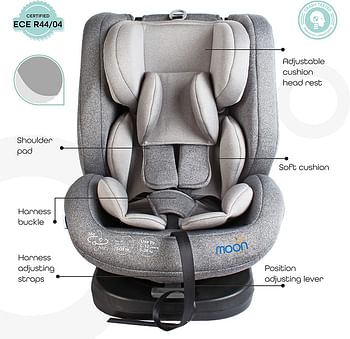 MOON Rover Baby/Infant Travel Car Seat |Group 0-1-2-3|(0-12 Years) 360° Rotating Car Seat, Multi-Stage, Reclining, Isofix |Rearward Facing(0M - 12M)|Forward Facing (9M-12 Yrs)- Grey