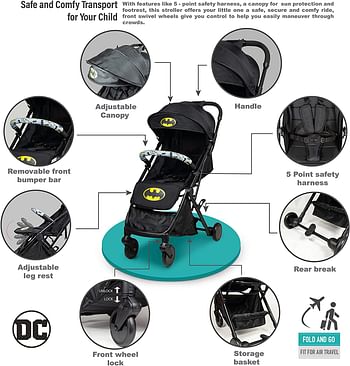 Disney Warner Bros. Batman Travel Stroller 0 36 Months, Compact Design, Storage Basket, Rear Breaks, Travel Compatible, Trolley Handle And More., Black