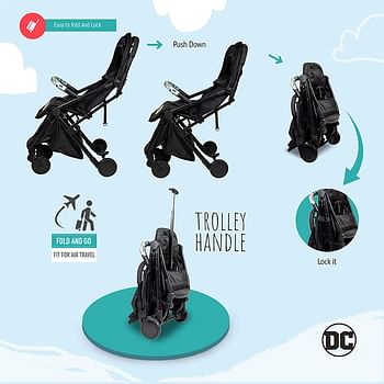 Disney Warner Bros. Batman Travel Stroller 0 36 Months, Compact Design, Storage Basket, Rear Breaks, Travel Compatible, Trolley Handle And More., Black