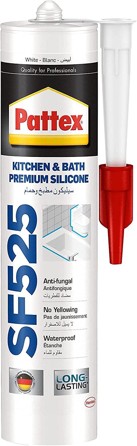 Pattex Sf525 سدادة سيليكون فاخرة للمطبخ والحمام، مقاومة للعفن، مثالية للاستحمام، المراحيض والبلاط، سدادة سهلة للحمام وسدادة المطبخ، خرطوشة 1×280 مل