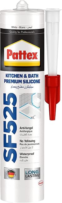 Pattex Sf525 Kitchen And Bath Premium Silicone Sealant, Mould Resistant, Ideal For Showers, Toilets And Tiles, Easy Bathroom Sealant And Kitchen Sealant, 1X280ML Cartridge