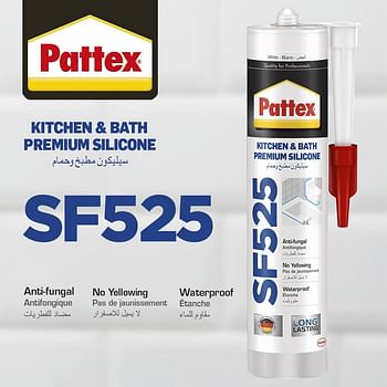 Pattex Sf525 Kitchen And Bath Premium Silicone Sealant, Mould Resistant, Ideal For Showers, Toilets And Tiles, Easy Bathroom Sealant And Kitchen Sealant, 1X280ML Cartridge