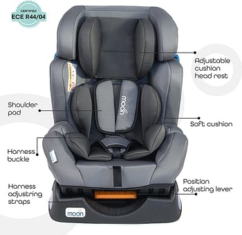 MOON Sumo Car Seat – Birth to 6yrs Baby Travel Gear – Convertible Rear & Forward-Facing Booster Seat – Reclining Car Seat for Group 0-1-2 – Child Comfort Car Accessories – Grey