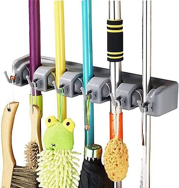 SKY-TOUCH Mop and Broom Holder, Wall Mounted Organizer Mop and Broom Saving Space Storage Rack For Kitchen Garden And Garage,Laundry Offices,5 Position With 6 Hooks 1PCS