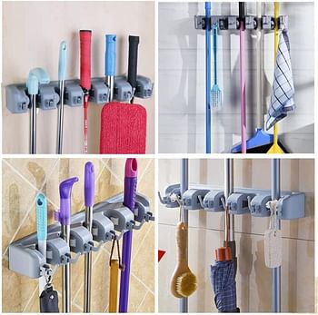 SKY-TOUCH Mop and Broom Holder, Wall Mounted Organizer Mop and Broom Saving Space Storage Rack For Kitchen Garden And Garage,Laundry Offices,5 Position With 6 Hooks 1PCS