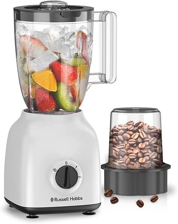 Russell Hobbs 400W Blender With Mill 1.5 Liters Smoothie Maker Multifunction High Speed Mixer Grinder For Coffee Beans Spices & Nuts 2 Speeds & Pulse Function BWM101 - White