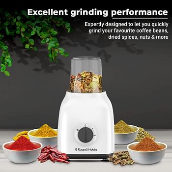 Russell Hobbs 400W Blender With Mill 1.5 Liters Smoothie Maker Multifunction High Speed Mixer Grinder For Coffee Beans Spices & Nuts 2 Speeds & Pulse Function BWM101 - White